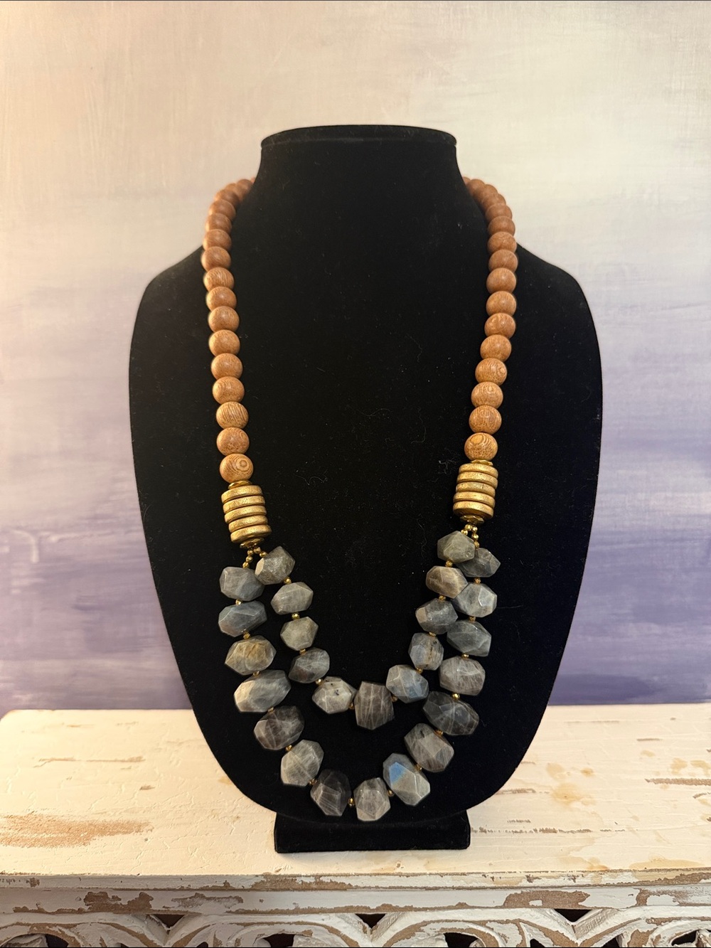 Layered Brown Wood and Labradorite Stone Necklace with Gold Accents